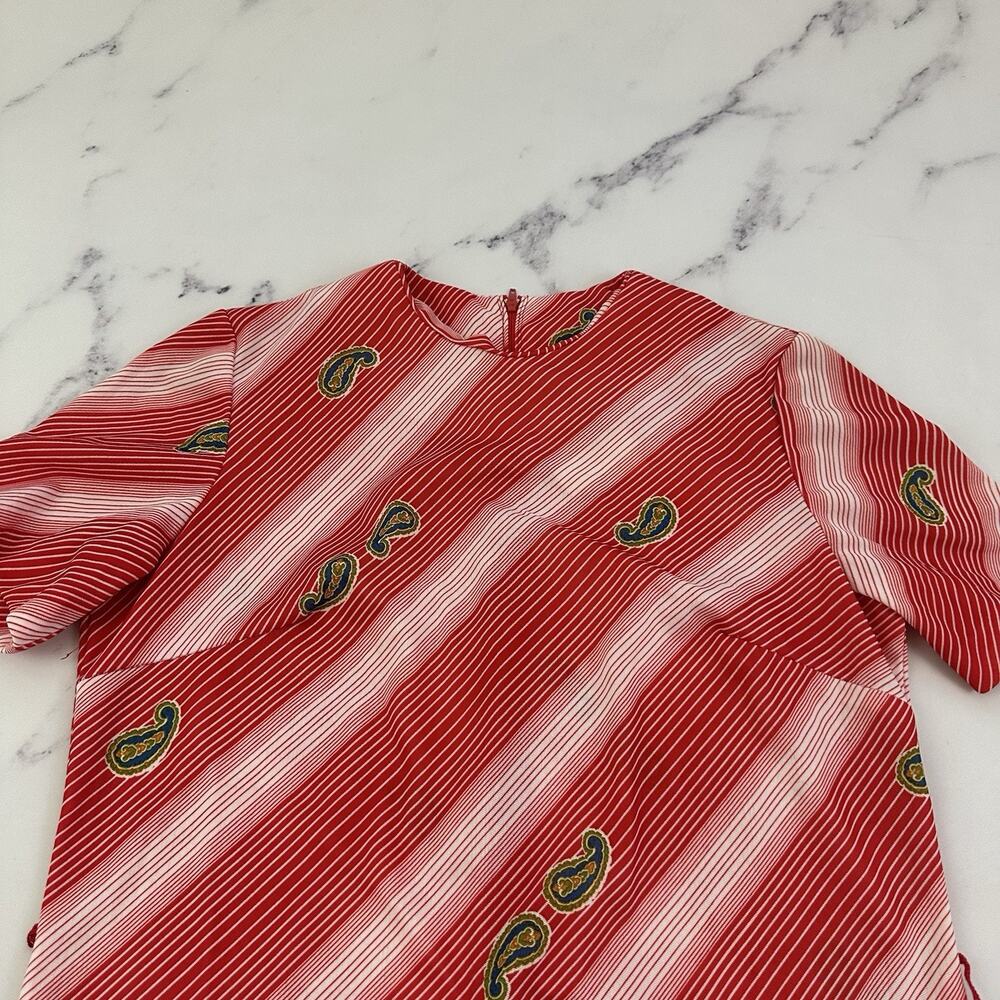 Womens Vintage 80s Shift Dress Size L Red Stripe Paisley Floral Midi Stretch - Picture 2 of 12